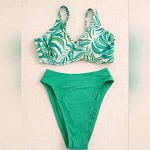 Green Leaf Print Bikini Set